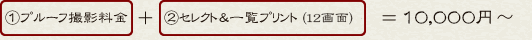 ①プルーフ撮影料金+②一覧プリント&セレクト+③プリント料金+④台紙料金